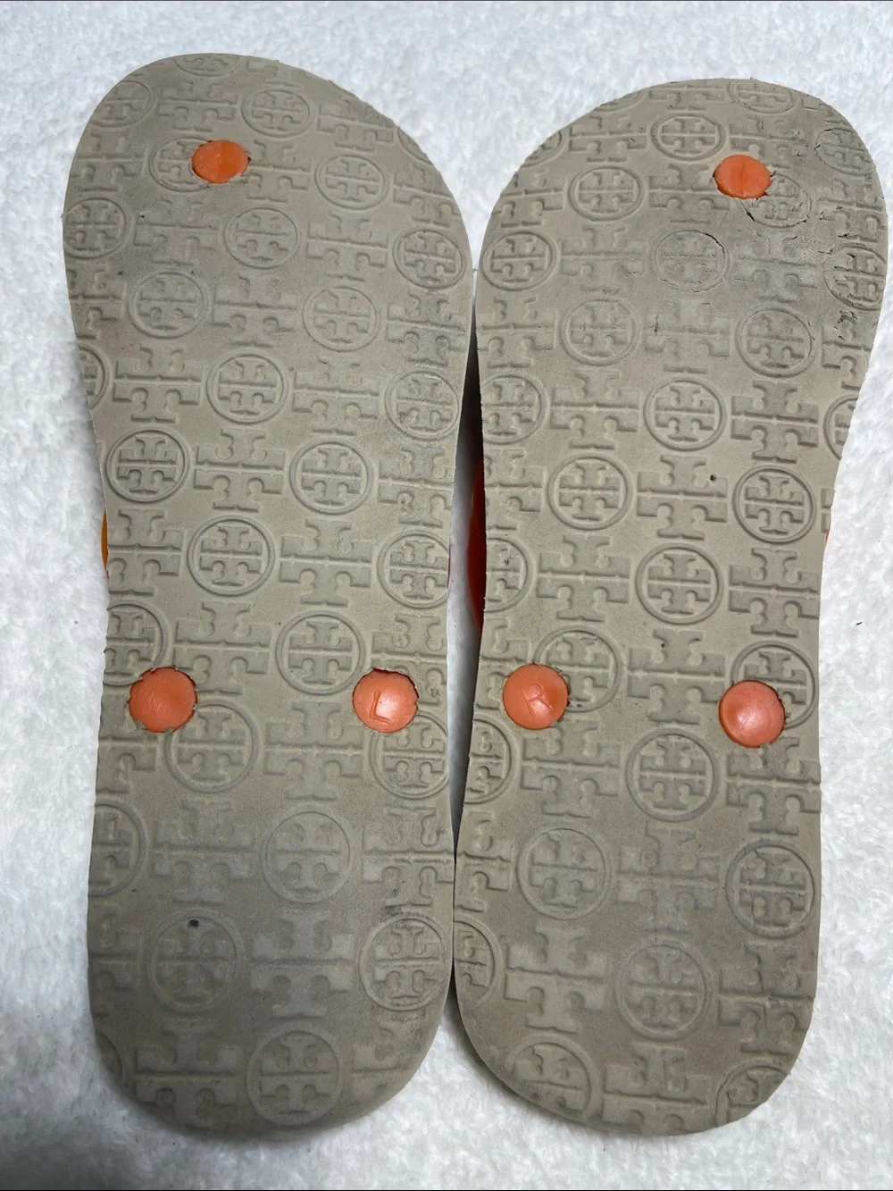 Tory Burch Orange Logo Flip Sandals with Multicolor Floral Footbed Size 8